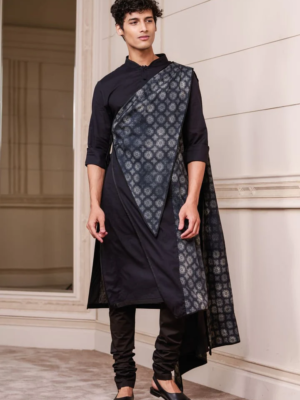 Black Draped Kurta Set With Printed Panel