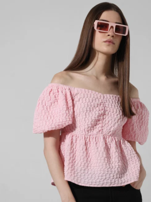 PINK RIBBED FRILL TRIM TOP