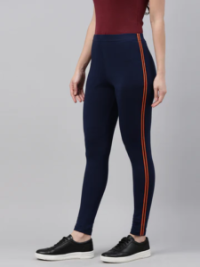 Women Navy Cotton Side Stripe Active Leggings