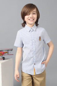 Kids Boys Blue Stripes Mickey Printed Shirt