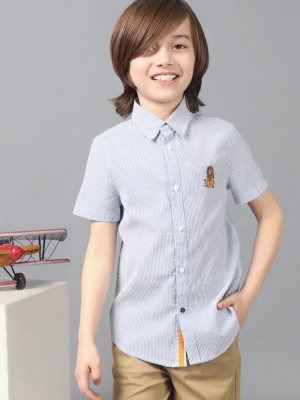 Kids Boys Blue Stripes Mickey Printed Shirt