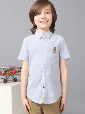 Kids Boys Blue Stripes Mickey Printed Shirt