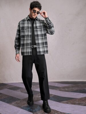 Locomotive Men Grey Checked Oversized Fit Casual Shirts