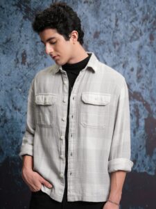 Locomotive Men Grey Checked Oversized Fit Casual Shirts