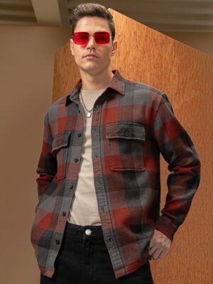 Locomotive Men Terracotta Checked Oversized Fit Casual Shirts