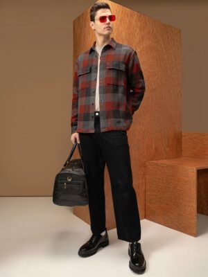 Locomotive Men Terracotta Checked Oversized Fit Casual Shirts