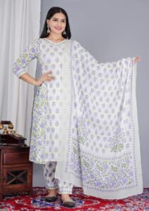 Pure Jaipuri Cotton Kurti Pant set with Mul Mul cotton Dupatta Set