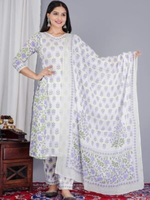 Pure Jaipuri Cotton Kurti Pant set with Mul Mul cotton Dupatta Set